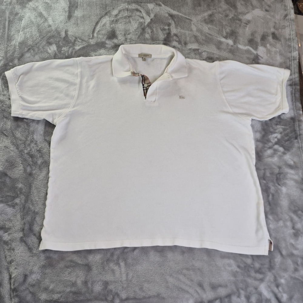 Burberry Polo Shirt London Mens XL White Check Short Sleeve Embroidered
